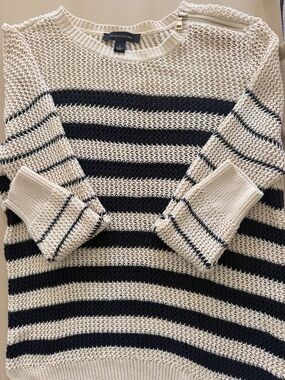 Ann Taylor Cream and Black Striped Open Knit Sweater with Shoulder Zip